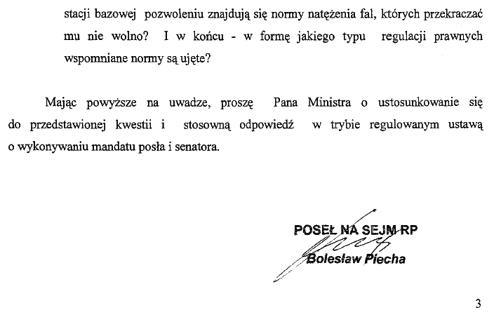 Interpelacja poselska posa Bolesawa Piecha zagroenie polami elektromagnetycznymi 3